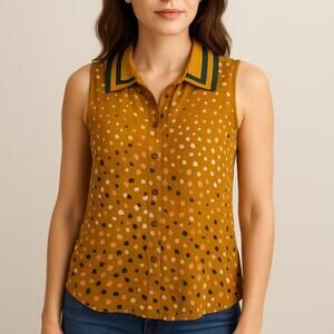 Cabi Sleeveless Sheer Button Down Blouse XS Mustard Print Collared Top